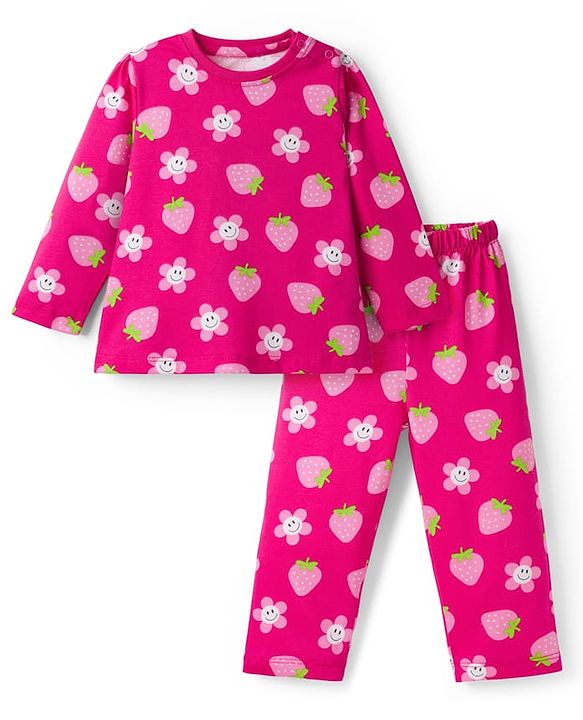 Babyhug Cotton Knit Full Sleeves Co-ord Night Suit With Floral & Strawberry Print - Dark Pink