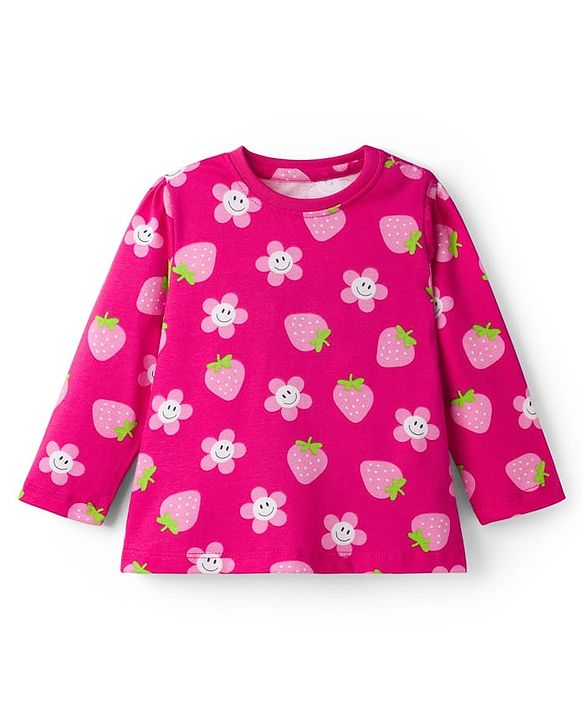 Babyhug Cotton Knit Full Sleeves Co-ord Night Suit With Floral & Strawberry Print - Dark Pink