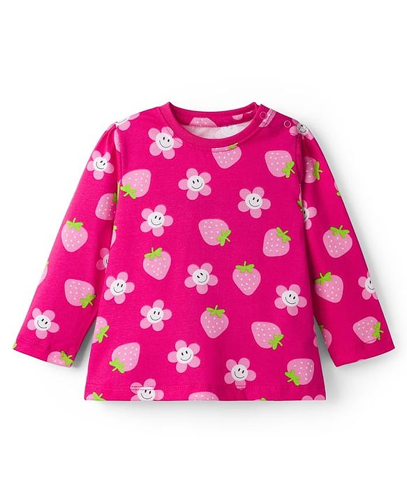 Babyhug Cotton Knit Full Sleeves Co-ord Night Suit With Floral & Strawberry Print - Dark Pink