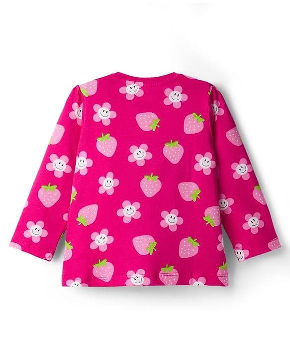 Babyhug Cotton Knit Full Sleeves Co-ord Night Suit With Floral & Strawberry Print - Dark Pink