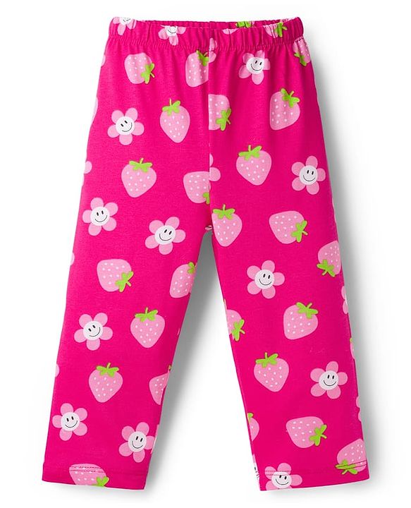Babyhug Cotton Knit Full Sleeves Co-ord Night Suit With Floral & Strawberry Print - Dark Pink