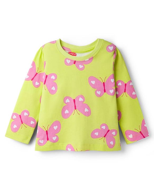 Babyhug Cotton Knit Full Sleeves Co-ord Night Suit With Butterfly Print - Light Green
