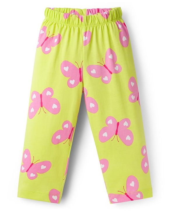 Babyhug Cotton Knit Full Sleeves Co-ord Night Suit With Butterfly Print - Light Green