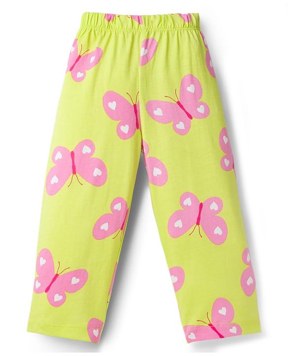 Babyhug Cotton Knit Full Sleeves Co-ord Night Suit With Butterfly Print - Light Green