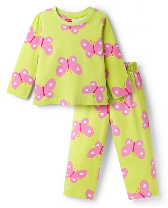 Babyhug Cotton Knit Full Sleeves Co-ord Night Suit With Butterfly Print - Light Green
