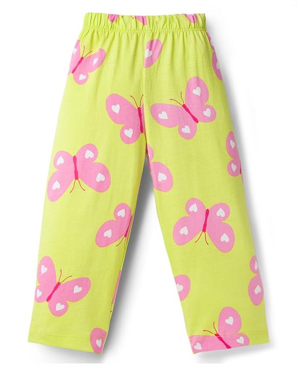 Babyhug Cotton Knit Full Sleeves Co-ord Night Suit With Butterfly Print - Light Green