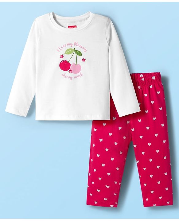 Babyhug Cotton Knit Full Sleeves Night Suit With Cherry & Heart Print - White & Red