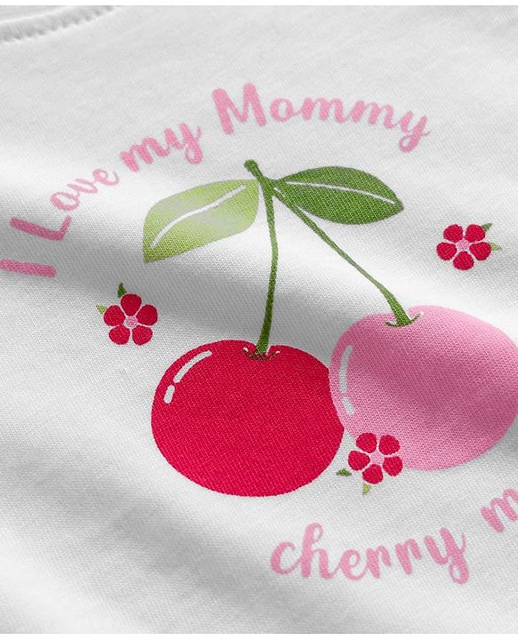Babyhug Cotton Knit Full Sleeves Night Suit With Cherry & Heart Print - White & Red