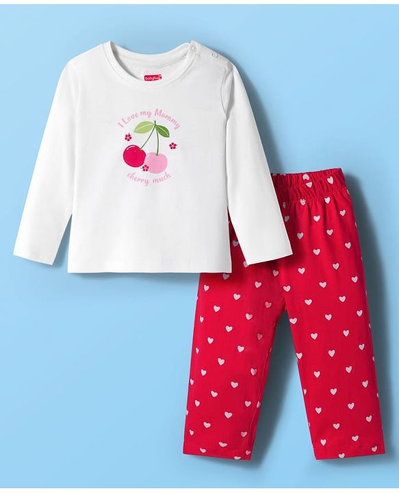 Babyhug Cotton Knit Full Sleeves Night Suit With Cherry & Heart Print - White & Red