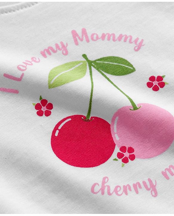 Babyhug Cotton Knit Full Sleeves Night Suit With Cherry & Heart Print - White & Red