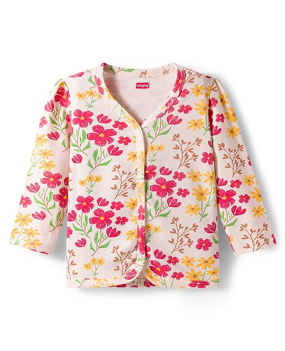Babyhug 100% Cotton Interlock Knit Jhablas With Floral Print Pack Of 3 - Red Mustard & Cream