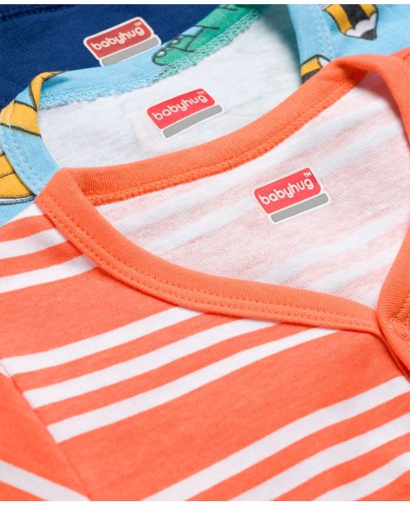 Babyhug 100% Cotton Knit Half Sleeves Jhablas With Dino Print Pack of 3 - Peach Light & Navy Blue