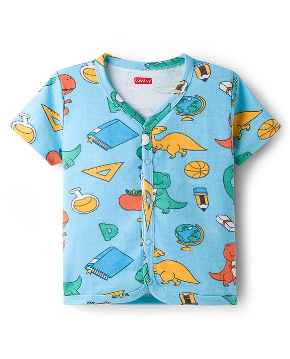 Babyhug 100% Cotton Knit Half Sleeves Jhablas With Dino Print Pack of 3 - Peach Light & Navy Blue