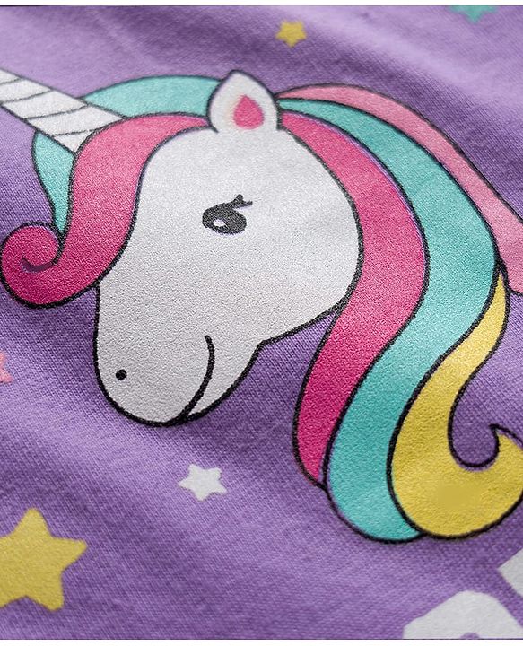 Babyhug Cotton Knit Full Sleeves Night Suit With Unicorn & Star Print - Purple