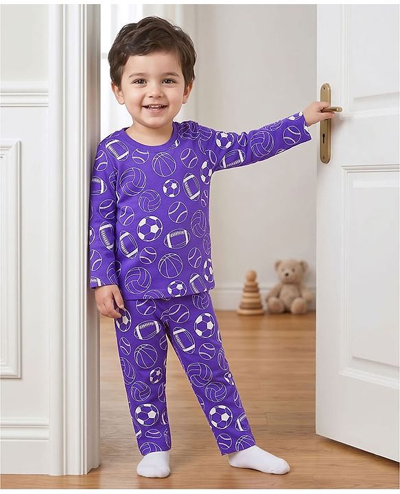 Babyhug Cotton Knit Full Sleeves Co-ord Night Suit With Sports Print - Purple