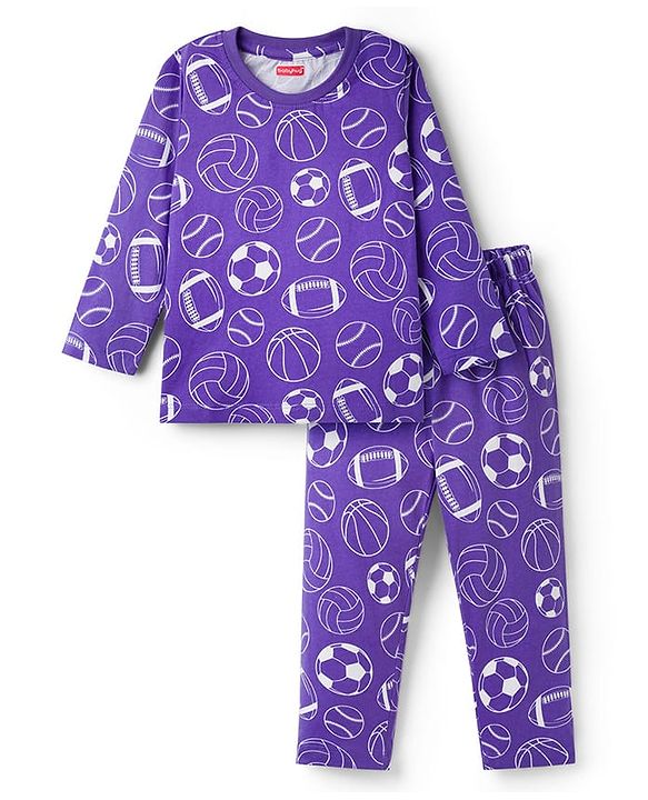 Babyhug Cotton Knit Full Sleeves Co-ord Night Suit With Sports Print - Purple