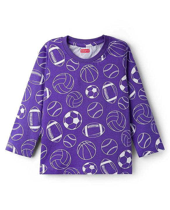 Babyhug Cotton Knit Full Sleeves Co-ord Night Suit With Sports Print - Purple