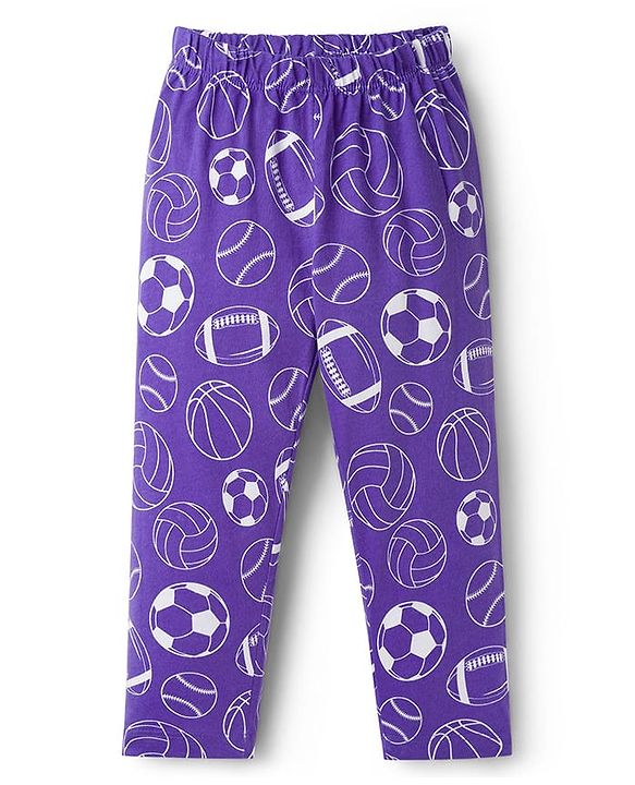 Babyhug Cotton Knit Full Sleeves Co-ord Night Suit With Sports Print - Purple