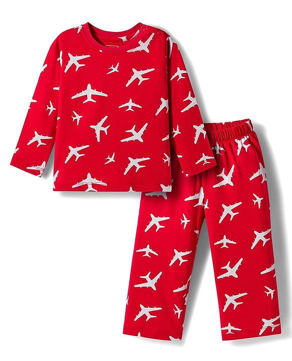 Babyhug Cotton Knit Full Sleeves Co-ord Night Suit With Plane Print - Red