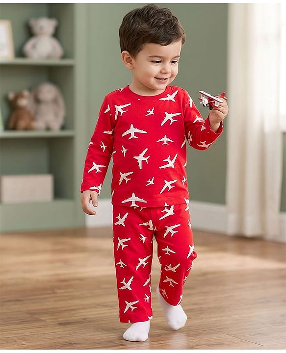 Babyhug Cotton Knit Full Sleeves Co-ord Night Suit With Plane Print - Red