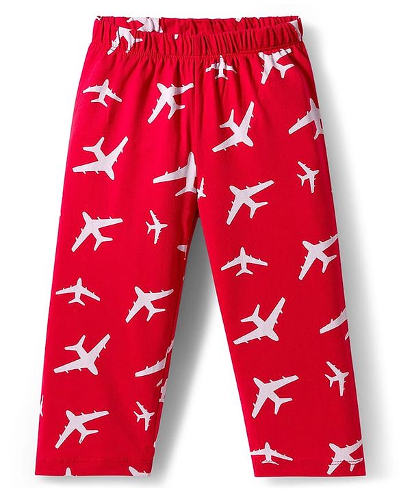 Babyhug Cotton Knit Full Sleeves Co-ord Night Suit With Plane Print - Red