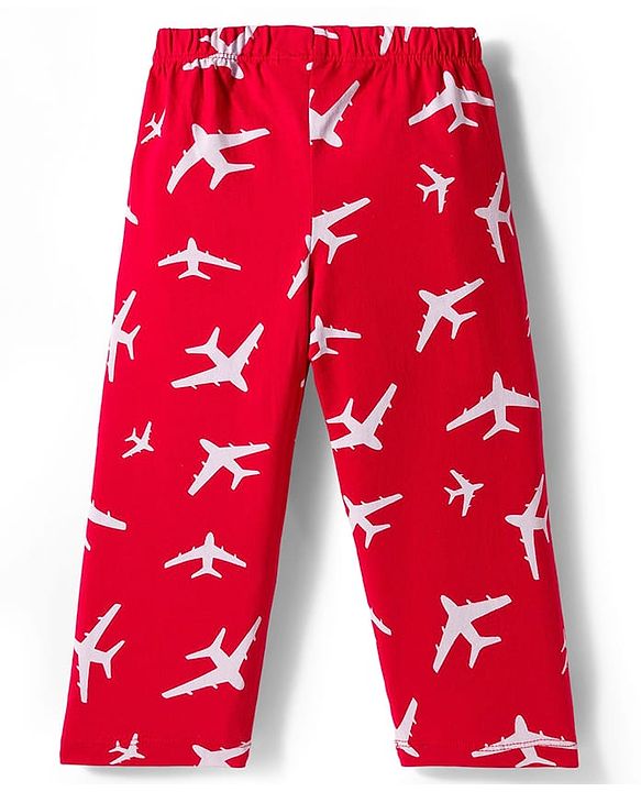 Babyhug Cotton Knit Full Sleeves Co-ord Night Suit With Plane Print - Red