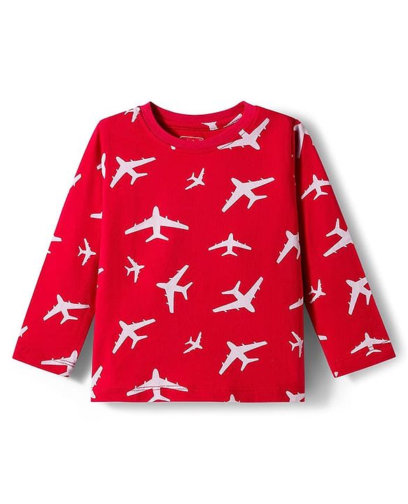Babyhug Cotton Knit Full Sleeves Co-ord Night Suit With Plane Print - Red