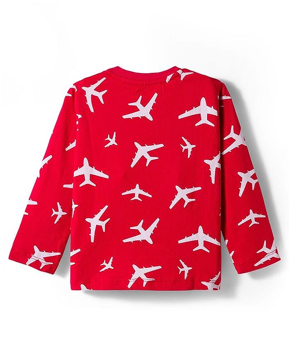 Babyhug Cotton Knit Full Sleeves Co-ord Night Suit With Plane Print - Red