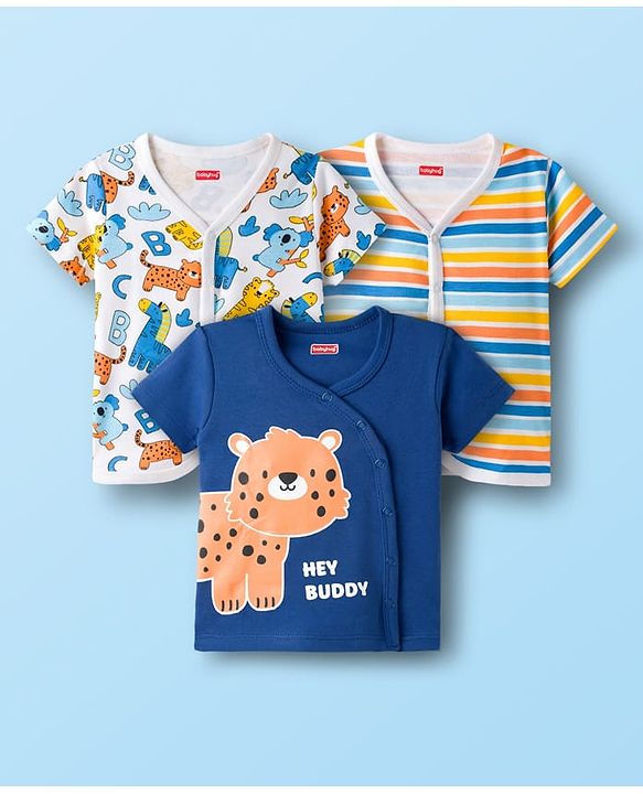 Babyhug 100% Cotton Knit Half Sleeves Jhablas With Animal Print Pack of 3 - Navy Blue & White