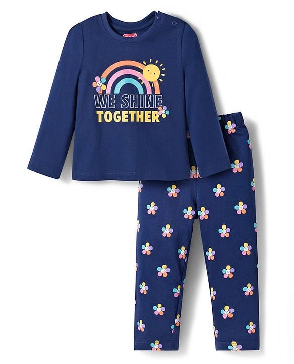 Babyhug Cotton Knit Full Sleeves Night Suit With Floral Print - Navy Blue