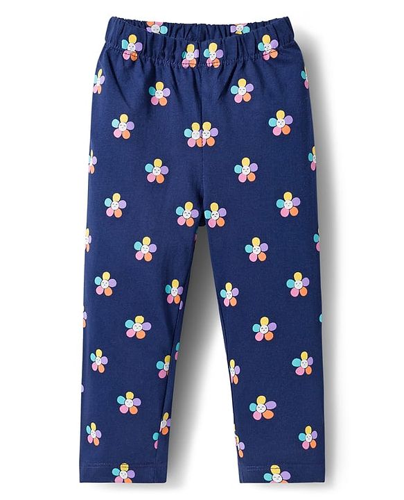 Babyhug Cotton Knit Full Sleeves Night Suit With Floral Print - Navy Blue