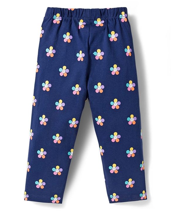 Babyhug Cotton Knit Full Sleeves Night Suit With Floral Print - Navy Blue