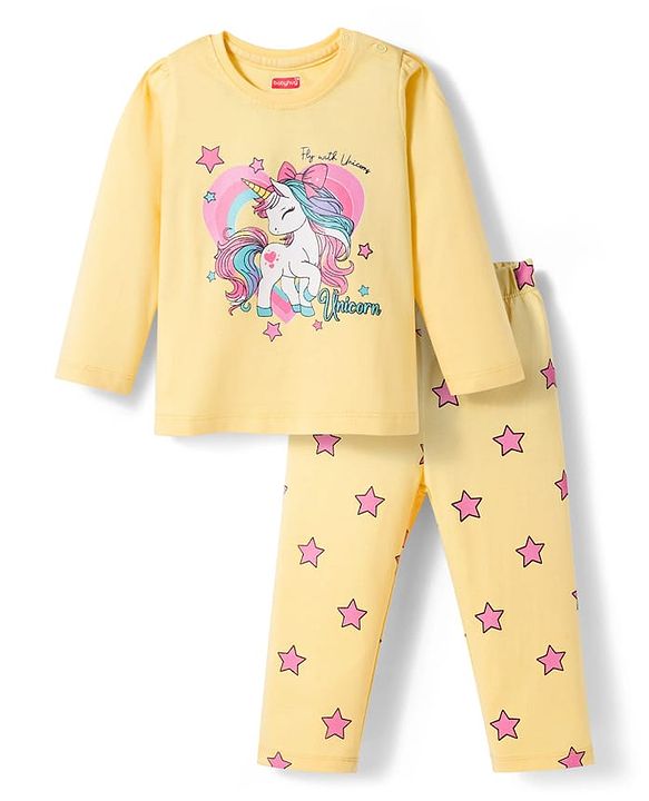 Babyhug Cotton Knit Full Sleeves Night Suit With Unicorn Print - Yellow
