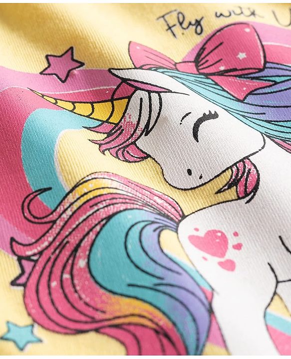 Babyhug Cotton Knit Full Sleeves Night Suit With Unicorn Print - Yellow