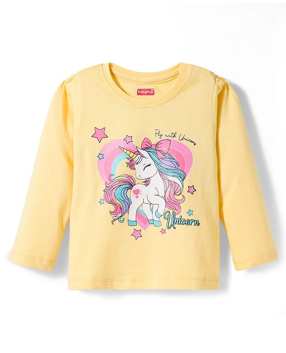 Babyhug Cotton Knit Full Sleeves Night Suit With Unicorn Print - Yellow