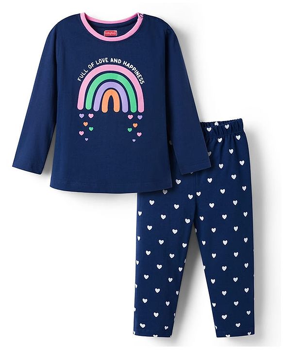 Babyhug Cotton Knit Full Sleeves Night Suit With Rainbow & Heart Print - Navy Blue
