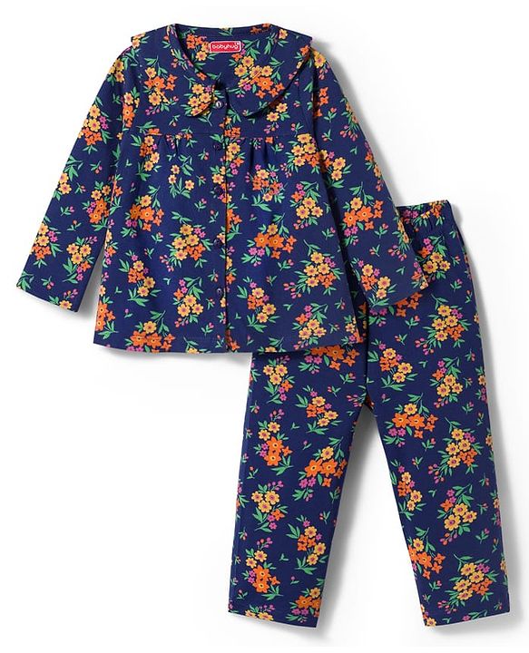 Babyhug Cotton Knit Full Sleeves Co-ords Night Suit with Floral Print - Navy Blue