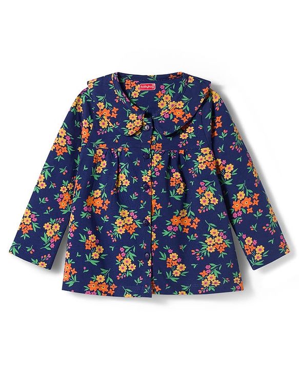 Babyhug Cotton Knit Full Sleeves Co-ords Night Suit with Floral Print - Navy Blue