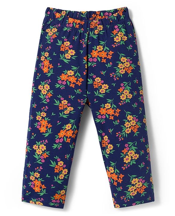 Babyhug Cotton Knit Full Sleeves Co-ords Night Suit with Floral Print - Navy Blue