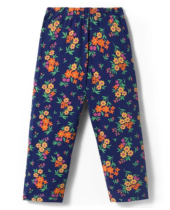 Babyhug Cotton Knit Full Sleeves Co-ords Night Suit with Floral Print - Navy Blue
