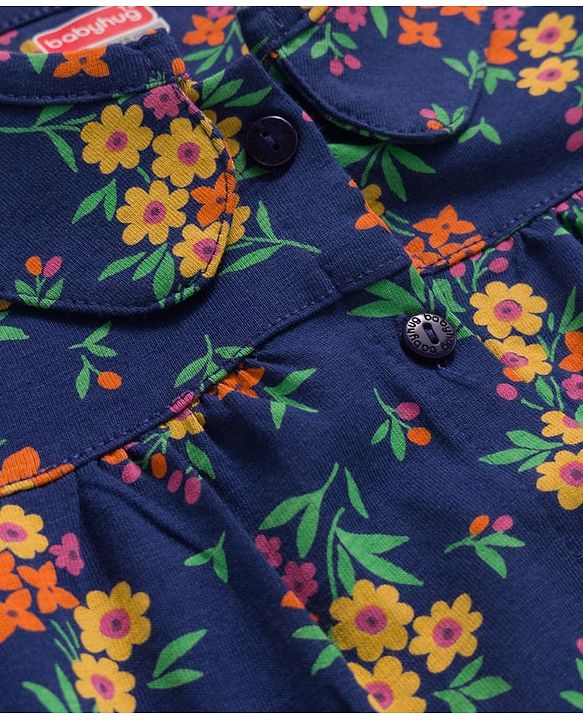 Babyhug Cotton Knit Full Sleeves Co-ords Night Suit with Floral Print - Navy Blue