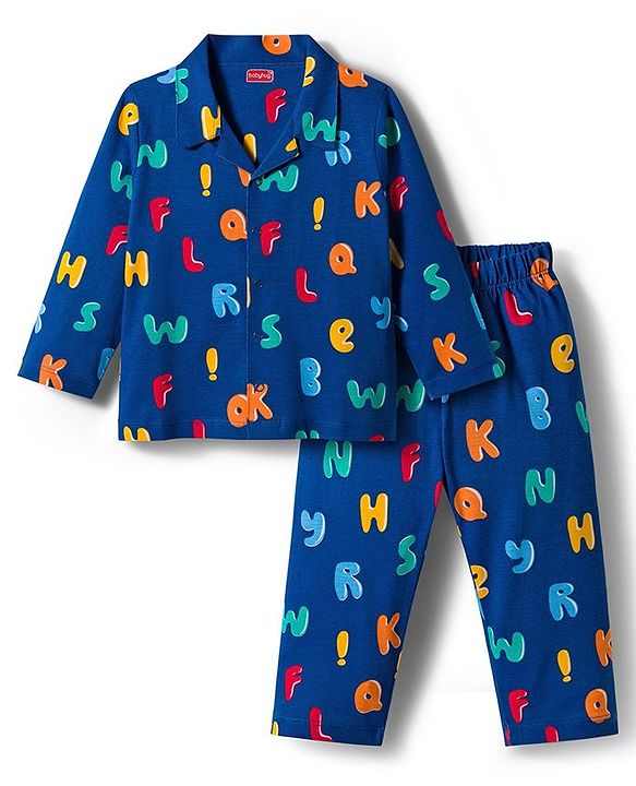 Babyhug Cotton Knit Full Sleeves Co-ords Night Suit with Alphabet Print - Navy Blue