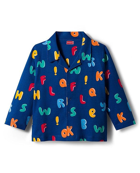 Babyhug Cotton Knit Full Sleeves Co-ords Night Suit with Alphabet Print - Navy Blue