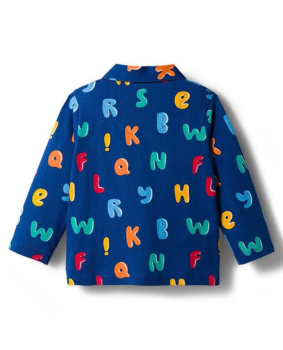Babyhug Cotton Knit Full Sleeves Co-ords Night Suit with Alphabet Print - Navy Blue
