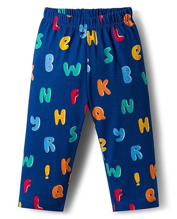 Babyhug Cotton Knit Full Sleeves Co-ords Night Suit with Alphabet Print - Navy Blue