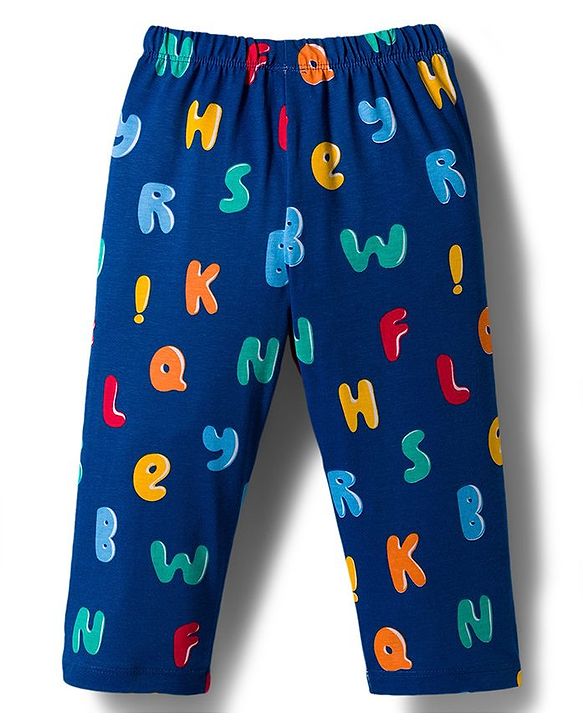 Babyhug Cotton Knit Full Sleeves Co-ords Night Suit with Alphabet Print - Navy Blue