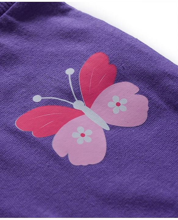 Babyhug Cotton Knit Full Length Lounge Pants With Heart Butterfly & Floral Print Pack of 3 - Purple Yellow & White
