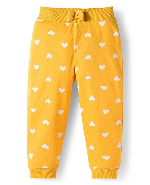Babyhug Cotton Knit Full Length Lounge Pants With Heart Butterfly & Floral Print Pack of 3 - Purple Yellow & White