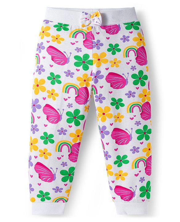 Babyhug Cotton Knit Full Length Lounge Pants With Heart Butterfly & Floral Print Pack of 3 - Purple Yellow & White