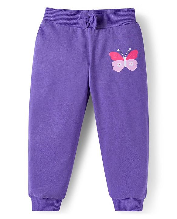 Babyhug Cotton Knit Full Length Lounge Pants With Heart Butterfly & Floral Print Pack of 3 - Purple Yellow & White